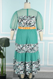 Green Casual Print Patchwork See-through With Belt O Neck A Line Plus Size Dresses