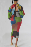 Camouflage Street Color Block Patchwork Contrast Halter Long Sleeve Two Pieces