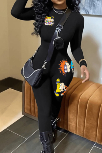Black Sexy Character Patchwork Zipper O Neck Skinny Jumpsuits