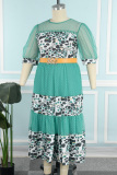 Green Casual Print Patchwork See-through With Belt O Neck A Line Plus Size Dresses