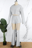 Grey Casual Solid Basic O Neck Long Sleeve Three Piece Set (With Trouser Legs)