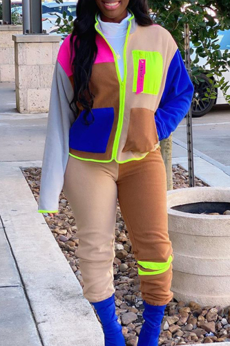 Casual Color Block Patchwork Pocket Zipper O Neck Long Sleeve Two Pieces