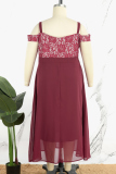 Burgundy Casual Solid Patchwork Off the Shoulder Long Dress Plus Size Dresses