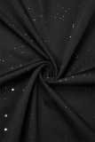 Black Casual Patchwork Sequins Off the Shoulder Long Sleeve Dresses
