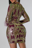 Elegant Print Sequins Patchwork Zipper V Neck Wrapped Skirt Dresses