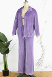 Purple Casual Solid Cardigan Vests Pants Long Sleeve Three Piece Set