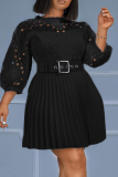 Casual Solid Hollowed Out With Belt Half A Turtleneck Pleated Plus Size Dresses