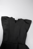 Black Casual Solid Flounce V Neck Irregular Dress Dresses (Without Belt)