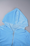Sky Blue Sexy Solid Patchwork Draw String Pocket Zipper Hooded Collar Long Sleeve Two Pieces