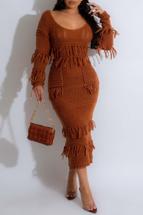 Casual Solid Tassel O Neck Long Sleeve Dresses