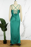Green Sexy Solid Patchwork Pleated V Neck Long Dress Dresses