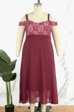 Burgundy Casual Solid Patchwork Off the Shoulder Long Dress Plus Size Dresses