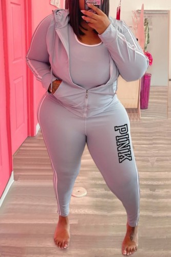 Casual Letter Print Patchwork Hooded Collar Plus Size Two Pieces (Without Vest)