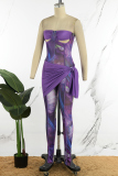Purple Sexy Print Hollowed Out Patchwork Backless Strapless Skinny Jumpsuits