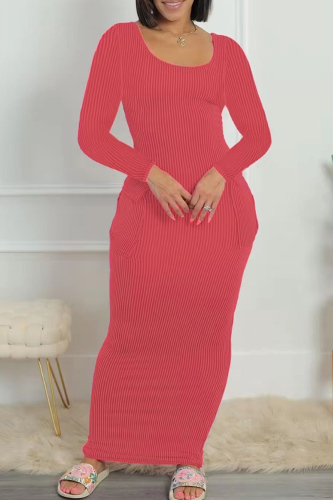 Rose Red Casual Solid Basic U Neck Long Sleeve Dresses