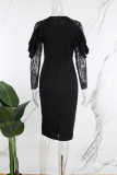 Black Elegant Solid Lace Patchwork O Neck Wrapped Skirt Dresses