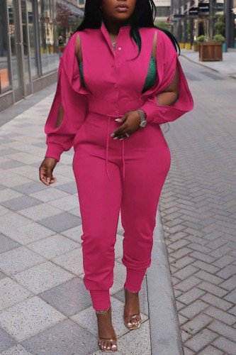 Rose Red Casual Solid Hollowed Out Long Sleeve Two Pieces