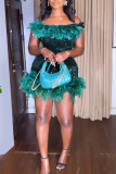 Ink Green Sexy Solid Sequins Patchwork Feathers Backless Off the Shoulder Wrapped Skirt Dresses