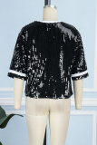 Black Casual Patchwork Sequins O Neck T-Shirts