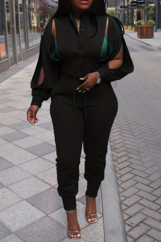 Black Casual Solid Hollowed Out Long Sleeve Two Pieces