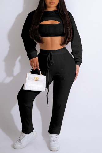 Casual Solid Hollowed Out O Neck Long Sleeve Three Piece Set