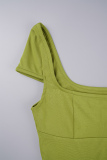 Green Yellow Casual Solid Basic Square Collar Short Sleeve Two Pieces