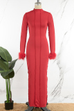 Red Casual Solid Patchwork Half A Turtleneck Long Dress Dresses