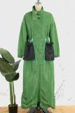 Green Casual Solid Patchwork Draw String Pocket Buttons Zipper Turndown Collar Outerwear