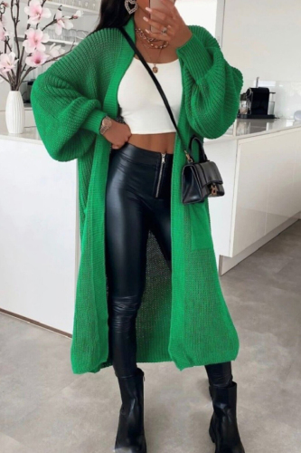 Green Casual Solid Cardigan Outerwear