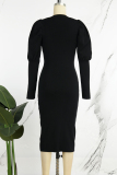 Black Elegant Solid Bandage Patchwork O Neck Long Sleeve Dresses