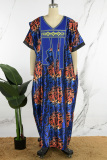 Red Casual Print Patchwork V Neck Long Dress Plus Size Dresses