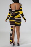 Casual Striped Asymmetrical O Neck Long Sleeve Dresses
