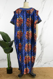 Blue Casual Print Patchwork V Neck Long Dress Plus Size Dresses
