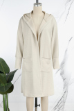 Khaki Casual Solid Cardigan Hooded Collar Outerwear