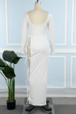 White Casual Solid Bandage Hollowed Out U Neck Long Sleeve Dresses
