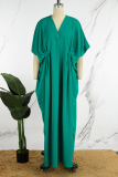 Green Casual Solid Patchwork V Neck Long Dress Plus Size Dresses