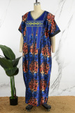 Blue Casual Print Patchwork V Neck Long Dress Plus Size Dresses