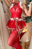 Sexy Living Patchwork Hollowed Out See-through Backless With Bow Christmas Day Lingerie
