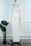 White Casual Solid Bandage Hollowed Out U Neck Long Sleeve Dresses