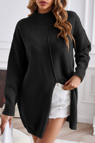 Casual Simplicity Solid Slit Turtleneck Tops