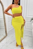 Sexy Casual Solid Backless Slit One Shoulder Sleeveless Two Pieces