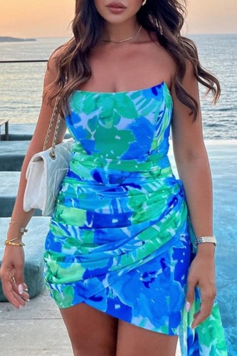 Sexy Print Patchwork Backless Strapless Wrapped Skirt Dresses