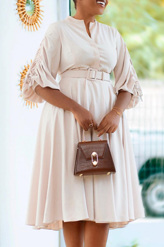 Elegant Solid Bandage Patchwork Fold With Belt Asymmetrical Collar A Line Dresses