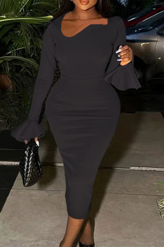 Street Solid Slit Zipper Asymmetrical Collar Pencil Skirt Dresses