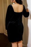Casual Solid Slit Square Collar Long Sleeve Plus Size Dresses
