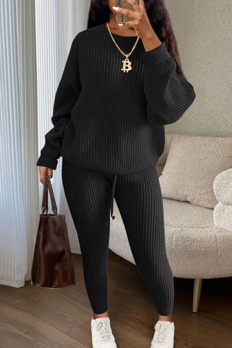 Casual Solid Patchwork Draw String O Neck Long Sleeve Two Pieces