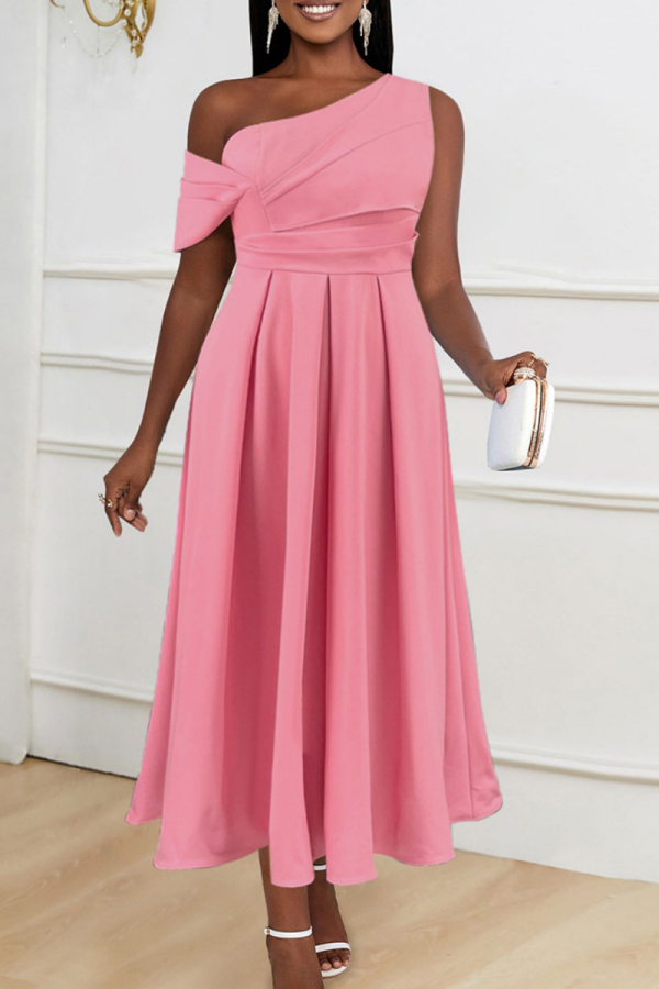 Pink Casual Solid Patchwork Oblique Collar A Line Dresses