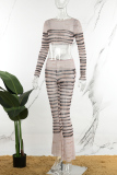 Stripe Sexy Striped Patchwork O Neck Long Sleeve Two Pieces