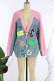 Pink Casual Patchwork Contrast V Neck Outerwear