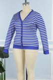 Casual Striped Patchwork Buttons V Neck Plus Size Tops